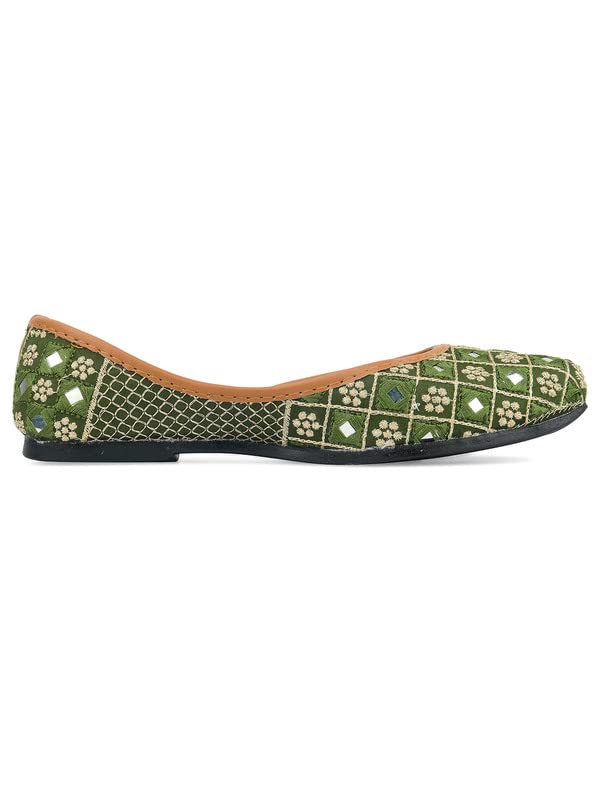 DESI COLOUR Mojari Punjabi Jutti for Women Ethnic Footwear- Mirror Emb (Green, Numeric_6) 1