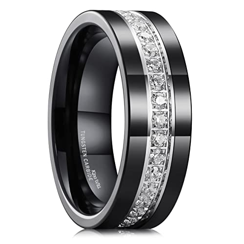 King Will Mens Tungsten Wedding Band with Cubic Zircon Inlay 7mm/8mm Flat Cut Comfort Fit Engagement Rings