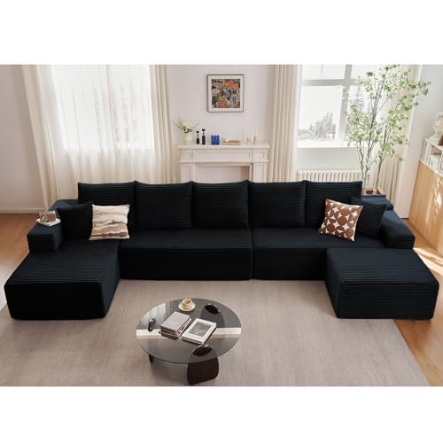Image of Lakifun 166.9 inch L-Shape Sofa with Ottoman, Modern Modular Sectional Comfy U-Shape Cloud Couch, Deep Seat, Upholstered Corduroy Sleeper Chaise Longue for Living Room Bedroom, No Assembly Required, Black