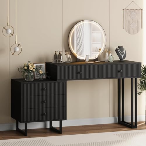 Black Vanity Desk with Mirror and Lights, Makeup Vanity with 5 Drawers for Bedroom, Modern Makeup Vanity Organizer with 3 Color Lights&Adjustable Brightness