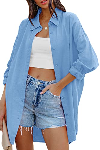 Image of FSHAOES Womens Oversized Button Down Shirts Casual Loose Long Sleeve Solid Lapel Long Blouses Tops with Pockets