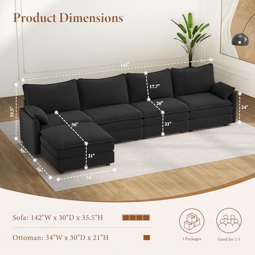 Image of Vesgantti 142 inch Cloud Couch Sectional Modular Sofa, Comfy Sectional Couch with Ottoman Deep Seat Chenille L Shaped Sofa, Modular Couches for Living Room, Bedroom and Apartment, Black