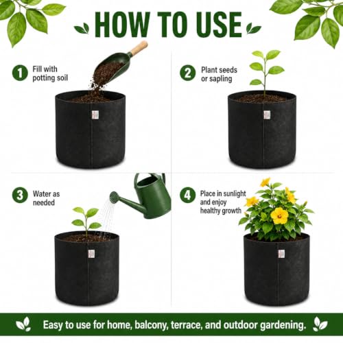 Image of Casa De Amor 400 GSM Geo Fabric Plant Grow Bag, Black 10 x 10 Inch Pack of 3, Round Fabric Pots for Terrace, Balcony, Flowers & Vegetable Gardening