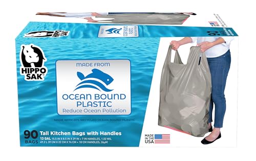 Hippo Sak - Tall Kitchen Garbage Bags with Ergonomic Handles - 13 Gallon Trash Bags Made from Recycled Ocean Bound Plastic - Super Strong and Leak Proof Tall Kitchen Trash Bags (90 Count)