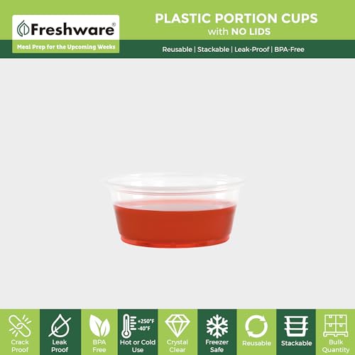 Image of Freshware Plastic Portion Cups (No Lids) [3.25 Ounce, 250 Count] Disposable Plastic Cups for Meal Prep, Salad Dressing, Jellos Shot Cups, Souffle Cups, Condiment and Dipping Sauce Cups, Clear