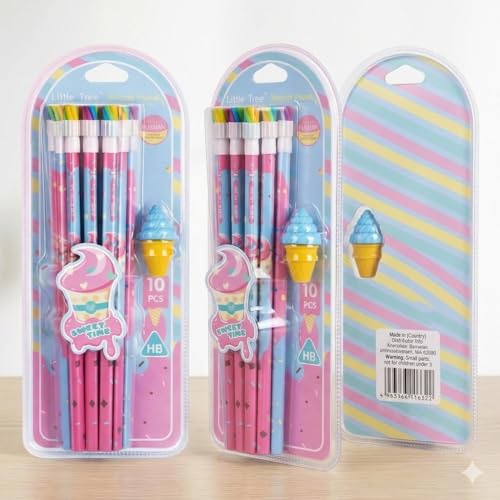 Image of Pack of 10 Packet HB Pencils Set with Cute Ice Cream Erasers - Cartoon Theme Colourful School Pencils for Girls, Boys, Kids, Drawing, Homework, Birthday Return Gifts, Stationery Kit
