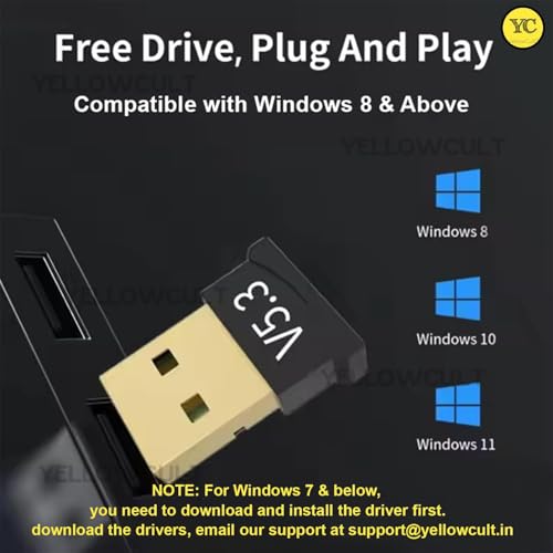 Image of YellowCult USB Bluetooth Adapter, 5.3 Bluetooth Adapter for PC, Bluetooth Dongle Receiver & Transmitter for Laptop CPU Keyboard Mouse Headphone Speakers Printer, Plug & Play for Windows 11 /10 /8.1