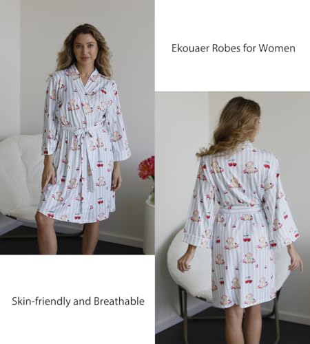Image of Ekouaer Women Kimono Robes Knee Length Knit Bathrobe Lightweight Soft Sleepwear V-neck Casual Ladies Loungewear
