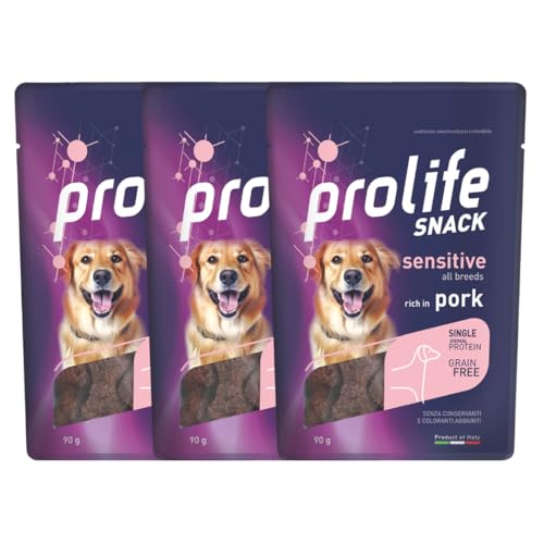 3 Prolife Snack Sensitive Grain Free Maiale - Alimento complementare ricco in Maiale per cani adulti di tutte le taglie - Snack Monoproteico e senza Grano - 90 gr