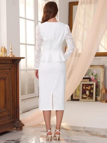 WOMLAYOUT Women's Elegant Lace Formal Suits - White Sweetheart Neck Peplum Top & Midi Skirt Set in Small - Image 4