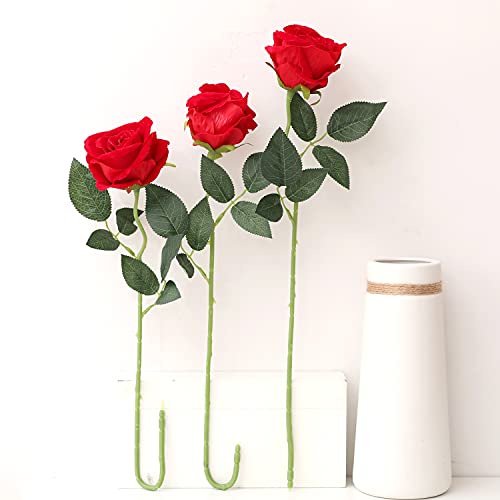 Cloudecor 15Pcs Artificial Roses Velet Real Touch Single Stem Fake Roses Silk Realistic Bouquet Flowers Arrangements Home Office Garden Grave Party Wedding Decoration (Red-15P, Blossom Roses) #TOP6