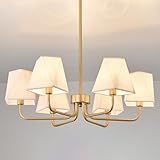 UOFUS 31' Gold Dining Room Light Fixture 6-Light Modern Farmhouse Chandeliers with Linen Fabric Shades Height Adjustable Ceiling Light Fixture for Kitchen Island Living Room Bedroom Entryway Office
