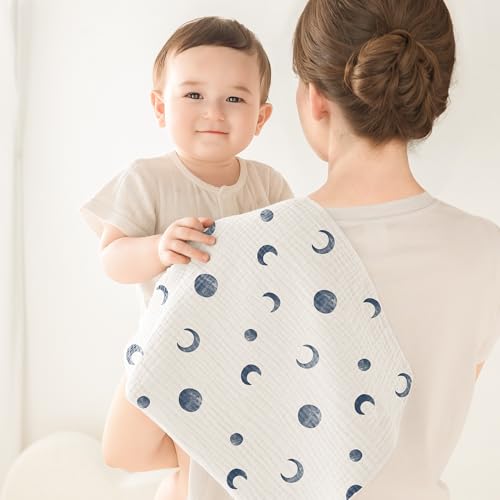 Susurration Mulltücher Baby Spucktücher,5er-Pack 100% Baumwolle Spucktücher Baby für Jungen und Mädchen, Weich, Atmungsaktiv und Extrem Saugfähig Musselin 60x60cm (Blauer Druck) 2