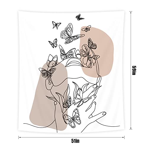 Svbright Abstract Woman Flower With Butterfly Boho Wall Tapestry For Bedroom 51Wx59H Inch Mid Century Art Line Aesthetic Modern Sketch Minimalist Simple Wall Fabric Hanging For Living Room Dorm Decor #TOP4
