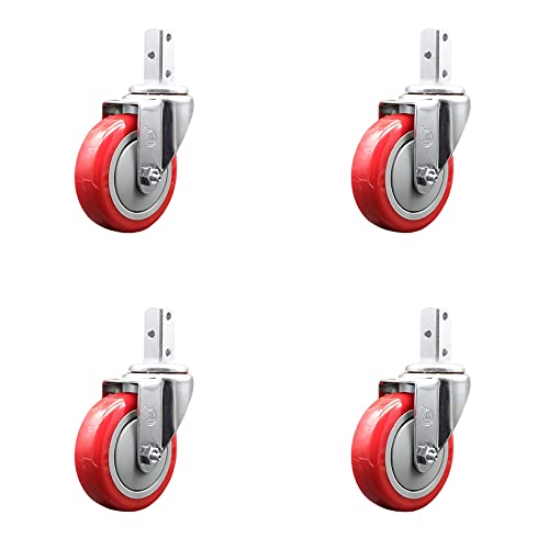Swivel Square Stem Caster Set 4 w/4” x 1.25” Red Polyurethane Wheel - 7/8” x 2” Square Stem with (3) 17/64” Diameter Mounting Holes - Includes 4 Swivel - 1400 lbs. Cpty/Caster - Service Caster Brand