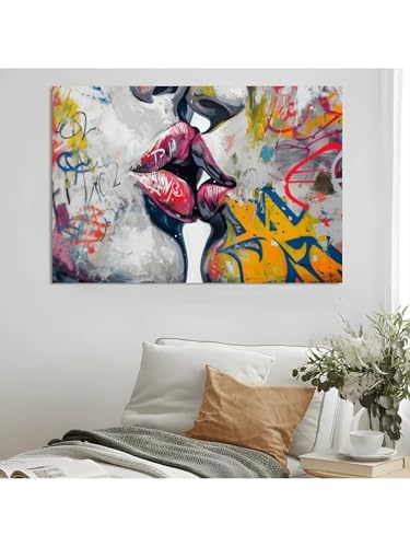 Toile moderne de graffitis et baisers tableau romantique urbain 50x75 cm