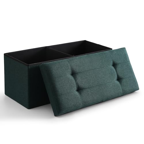 Image of Storage Ottoman Bench Foldable Footrest Foot Stool, 30 inch Fabric Green | Small Ottoman Foot Rest Seat Shoe Bench Flip-Top forliving Room End of Bed Bedroom Couch Dorm, 80L Folding Upholstered Chair