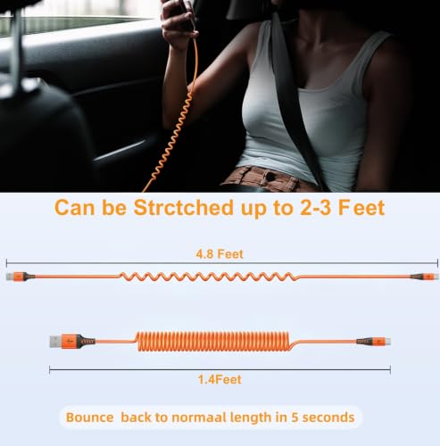 Image of Coiled USB A to USB C Cable for Car [3FT+6FT], USB to USB C Cable Fast Charging 60W, USB Type C Cable iPhone Charger USBC Cord for iPhone 17 /16 /15 /Pro Max /Plus /Samsung Galaxy S26 /S25 /Ultra-Orange