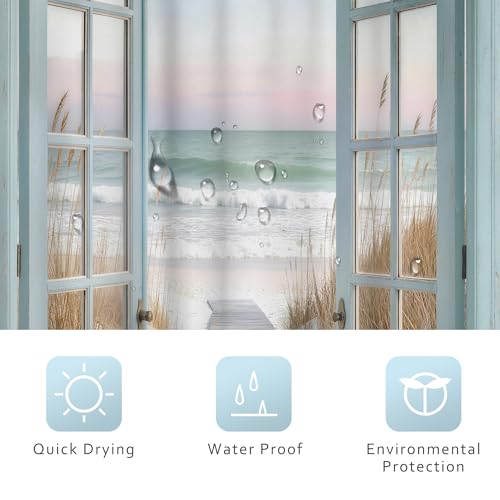 Image of Riyidecor Small Stall Blue Beach Shower Curtain 36Wx72H Inch Ocean Teal Barn Door Rustic Coastal Seaside Scenery Wood Hawaii Summer Beachy Path Bathroom Decor Fabric Polyester Waterproof 7 Pack Hooks