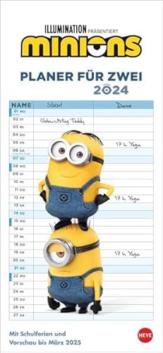 Minions Planer für zwei 2024. Kalender mit den kleinen gelben Chaos-Charakteren aus den Filmen. Partnerplaner 2024, ein absoluter Hingucker und praktischer Überblick über alle wichtigen Termine.