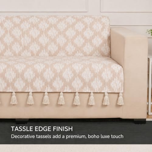 Image of STITCHNEST 'Verdant Ikat Stories' 2 Seater Sofa Cover - Full Coverage| Elegant Jacquard Fabric, Decorative Tassels, Washable & Durable for Modern Living