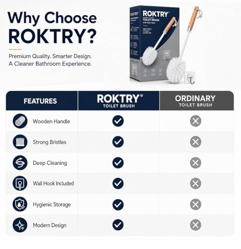 Image of ROKTRY Wooden Toilet Brush with Flower Hook,Natural Bathroom Cleaning Brush Sustainable Toilet Scrubber Modern Bathroom Accessories with Loop String for Easy Hanging for Home Bathroom Decor