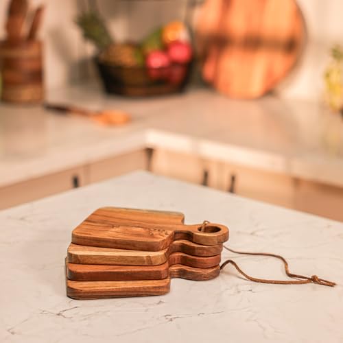 Image of River | Loop Acacia Wood Serving Board Set of 4| 7.5x5x2.25 Inch | Food Safe Rectangular Cheese & Dessert Serving Platter for Cupcakes, Pastries, Donuts, Fruits, Snacks | Brown