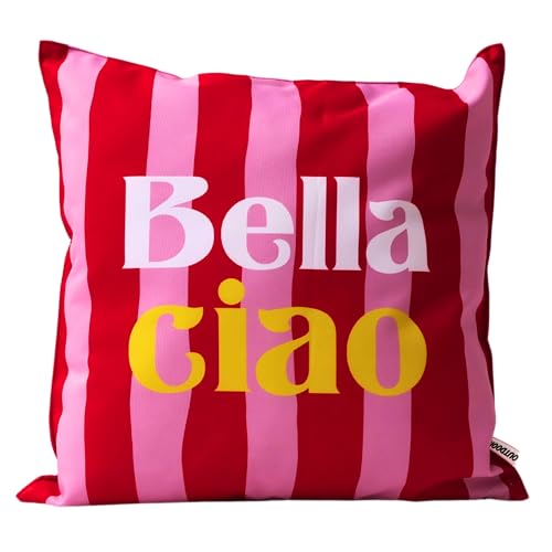 CB Home & Style Outdoorkissen Gartenkissen Wasserabweisend Wasserfest mit Streifen Hallo Sommer Bella Ciao La Dolce vita 45x45cm mit Füllung (Rot/Pink - Bella Ciao)