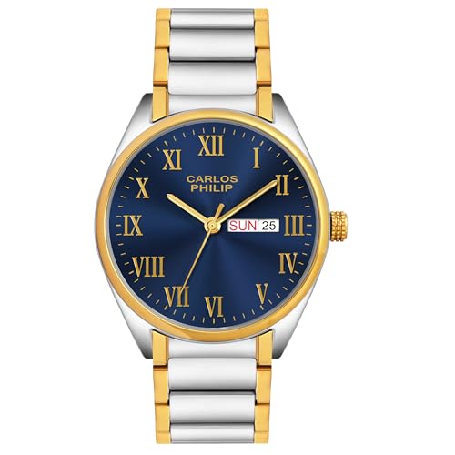 Image of Carlos Philip Men's Roman Numeral Analog Watch - Day and Date Display, Stainless Steel Strap, Quartz Movement, Business Style Watch for Men