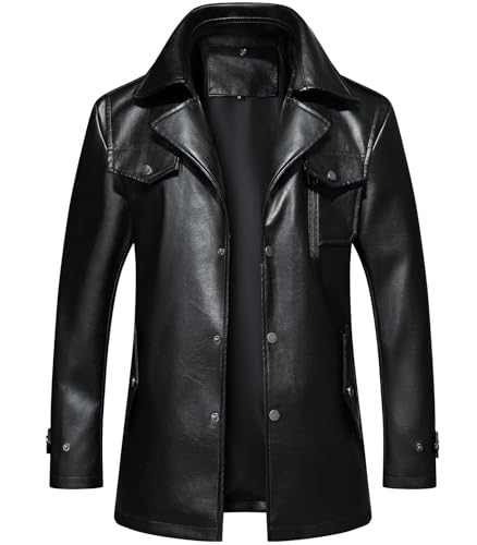 Image of INVACHI Men's Faux Leather Jacket Windbreaker Trench Coat with Detachable Collar Overcoat