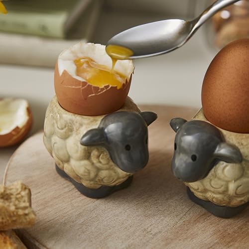 Cooksmart Highland Sheep Eierbecher Set mit 2 Stück, Britisches Design, Steingut, rustikaler Schaf- und Naturdruck, Frühstücksgeschirr im Bauernhaus-Stil, langlebiges und dekoratives Küchenzubehör – Bild 7