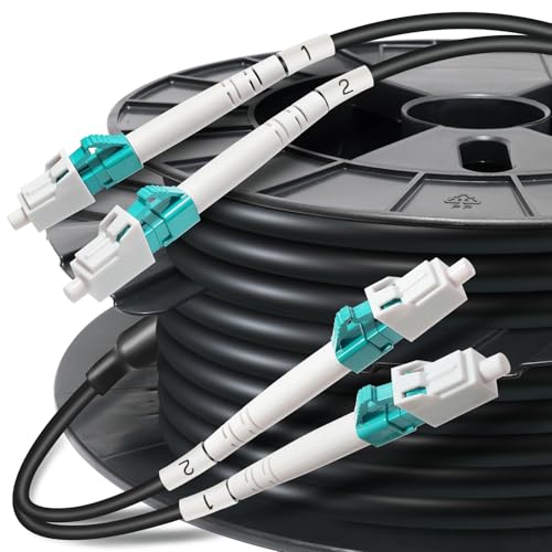 Yunsufiberpro 400 ft All-Dielectric (5.8mm) Aerial/Direct Burial Outdoor Multimode Duplex OM3 LC Fiber Cable, Double Sheath+2 FRP Strength Fiber Optic Patch Cord, 40Gb 10Gb, LC-LC, 50/125?m