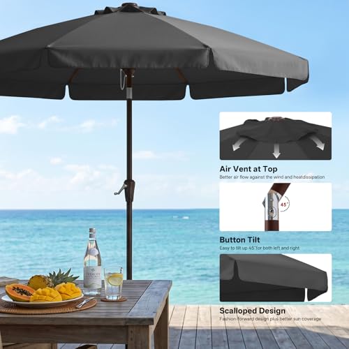Image of ABCCANOPY 9ft Scalloped Patio Umbrella, Outdoor Table Umbrella with Tilt and Crank, Fiberglass Ribs Deck Umbrella for Patio, Pool, Garden, Picnic (Dark Gray)