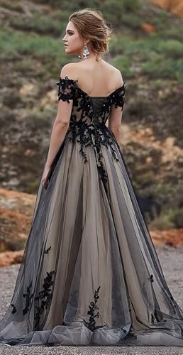 Black Wedding Dresses for Bride Off Shoulder Bridal Gown with Train Gothic Lace Appliques Wedding Gown2