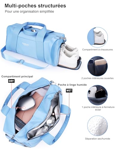 Sac de sport et de voyage bleu 15L pour femmes et enfants avec compartiment chaussures