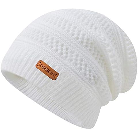 OMECHY Beanie for Men Women Thick Warm Fluffy Lined Knit Winter Hat Slouch Chunky Stretch Plain Cuff Toboggan Cap White Cover