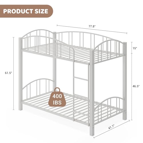 Bunk Bed Twin Over Twin with Stairs and Arched Guardrail, Sturdy Metal Slats Support, Space Saving, Noise Free, No Box Spring Needed, Ideal for Kid Room and Dorm, White