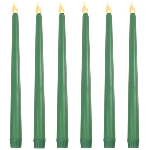 Image of Angoily Flameless Ivory Taper Candles Flickering, Green Real Wax Led Flameless Taper Candles, Battery Operated Led Warm 3D Wick Light Window Real of 6, Christmas Home Wedding Decor