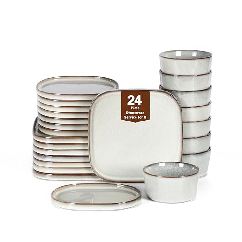 Image of Stone Lain Cairo 24-Piece Dinnerware Set Stoneware, Plates and Bowls Set, Microwave and Dishwasher Safe, Includes Dinner and Salad Plates, Cereal Bowls, Dishes for 8, Grey