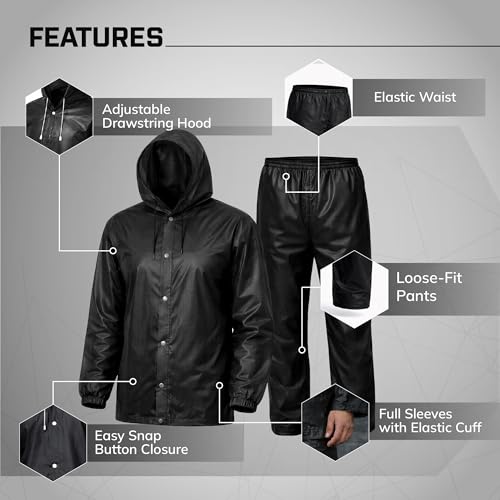 Image of ROBUSTT Unisex EVA Rainsuit Jacket & Pant Set (Pack of 1)| Black | Waterproof Raincoat for Men & Women | Hooded Full Body Rain Protection | Lightweight, Reusable Rain Wear for Bike & Outdoor Use