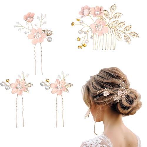 MUNSKT 4PCS Fleur Rose Avec Strass pour Femme,Accessoires De Cheveux En Cristal,Accessoire De Cheveux Pour Fille,La Mariée