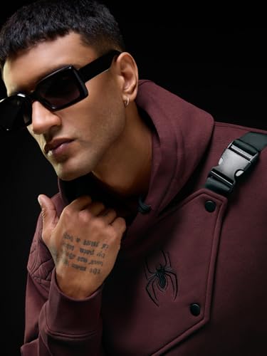 Image of The Souled Store Spiderman: Spider Power Men and Boys Full Sleeves Hooded Neck Maroon Embroidered Cotton Blend Oversized Fit Winter Wear Pullover Hoodie