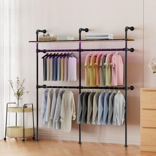 ROOMTEC Industrial Pipe Clothing Racks,Industrial Clothing Rack Wall Mounted,Heavy Duty Garment Rack Closet Wardrobe Rack with LED Lights& Shelves,Closet Clothes Rack,Walk-in Pipe Closet System