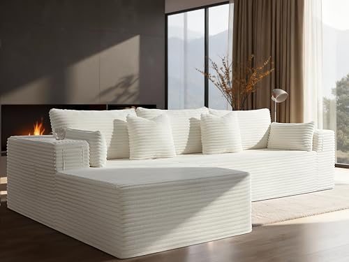 Image of 108 inch Cloud Sectional Couch, Comfort L Shaped Boneless Couch for Living Room, Extra Deep Seats No Assembly, Minimalist Modular Sofa, Corduroy (Cream, 2 Seater+Left Facing Chaise)