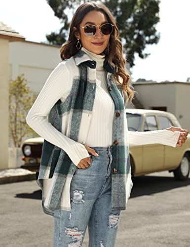 Uaneo Womens Flannel Plaid Vest Retro Button Down Pocketed Sleeveless Jacket Overshirt (Green, Small) #TOP4