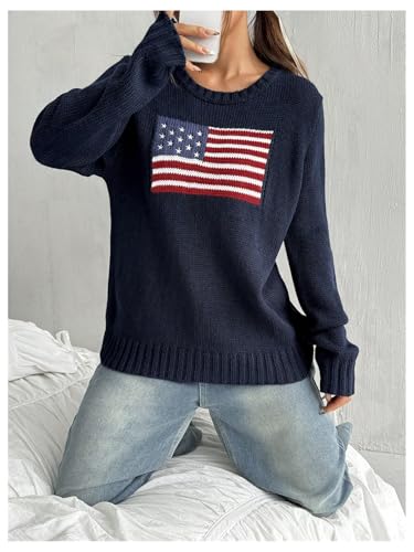 Image of SweatyRocks Women's Flag Pattern Long Sleeve Round Neck Sweater Casual Loose Pullover Sweater