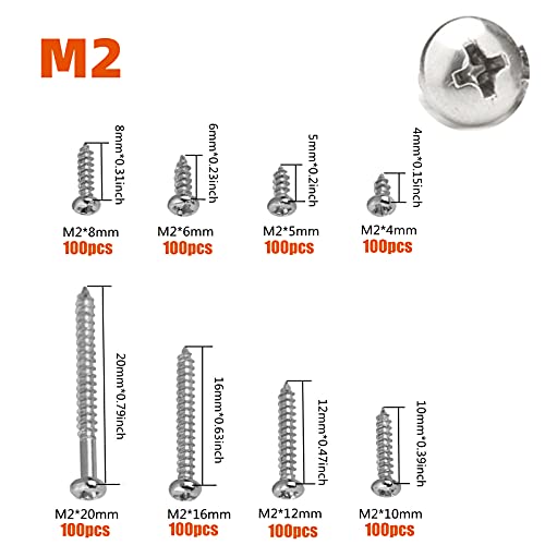 800Pcs M2 Self Drilling Phillips Screw Assortment Kit 8 Sizes Stainless Steel Mini Cross Drive Pan Head Tapping Wood Screws Fasteners Set #TOP1