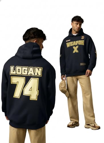 Image of The Souled Store Wolverine: Weapon X Men and Boys Full Sleeves Hooded Neck Navy Blue Embroidered Cotton Blend Drop Shoulder Streetwear Trendy Pullover Oversized Fit Hoodie