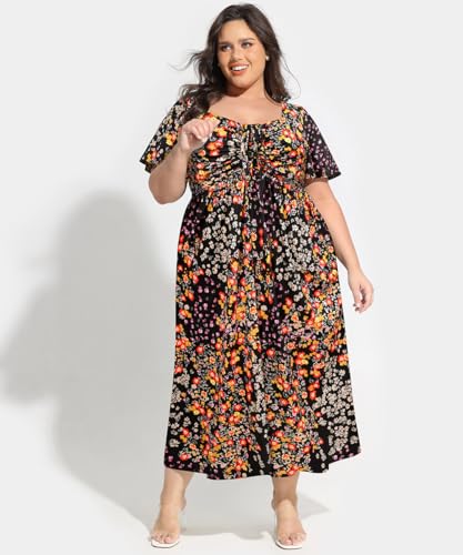 Image of CARCOS Plus Size Dresses for Curvy Women Tie Sweetheart Neck Summer Maxi Dress Short Sleeve Empire Waist Floral Boho Dress