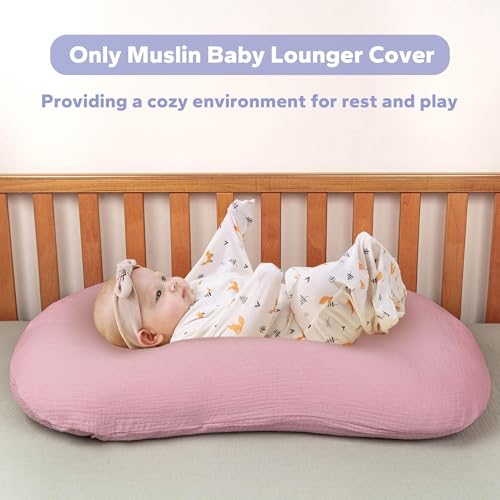 Image of FUNUPUP Muslin Baby Lounger Cover Only, Pink & Pink Leaves | 100% Muslin Cotton Soft Breathable Easy On /Off Envelope Closure Machine Washable Easy-Clean Protector Neutral Colors